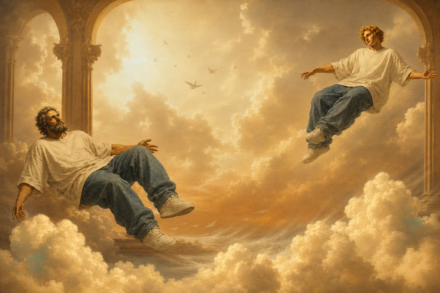 Two figures reclining on clouds, reaching toward one another across an open sky