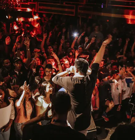 A packed gig, the crowd lit red