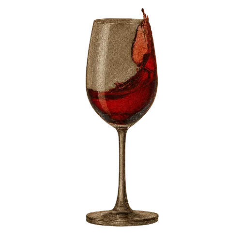 A tilted glass of red wine
